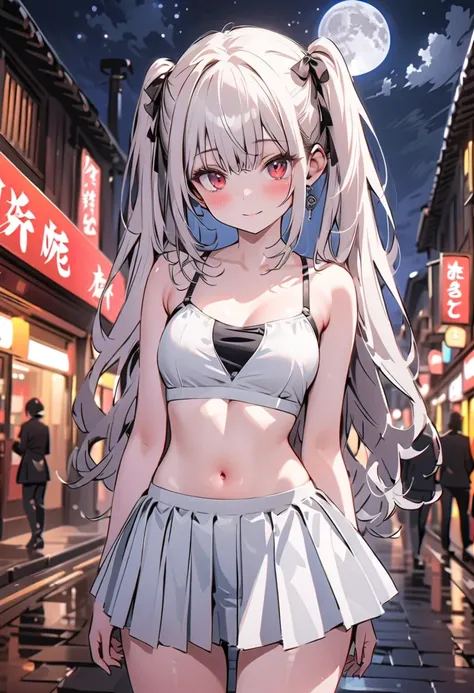 Amazing, high quality, 8 k,  on the street, Night, The beautiful starry sky , full moon,  Girl,  is standing straight, Beautiful,  cute face,  white hair, two ponytails,  red eyes,  shiny eyes, pale skin,  tender skin,  middle chest, very thin hips, black ...