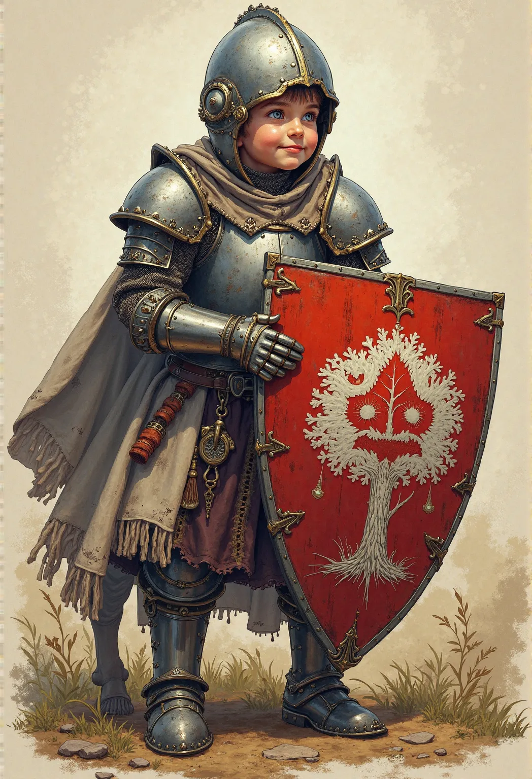 A realistic medieval fantasy portrait of small knight. He wears armor made up of mismatched armor bits and pieces that appeared ill-fitting on him. Picture the knight on a horse. His shield is blazoned with an image of a big white tree with a laughing red ...