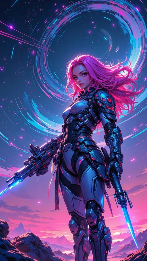 A superb 8K science fiction artwork，shows a woman playing with a weapon in her hands in a mesmerizing space environment，Surrounded by sky and neon-colored hair。style inspired by cksc，Emphasis on quality and beauty。