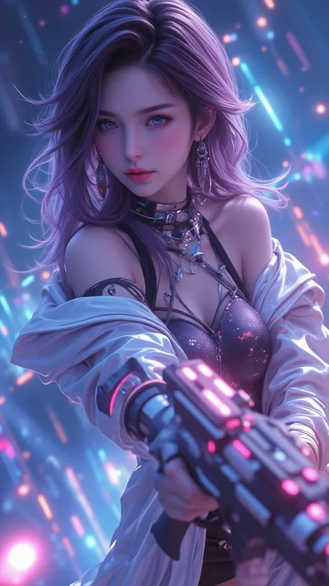 A superb 8K science fiction artwork，shows a woman playing with a weapon in her hands in a mesmerizing space environment，Surrounded by sky and neon-colored hair。style inspired by cksc，Emphasis on quality and beauty。