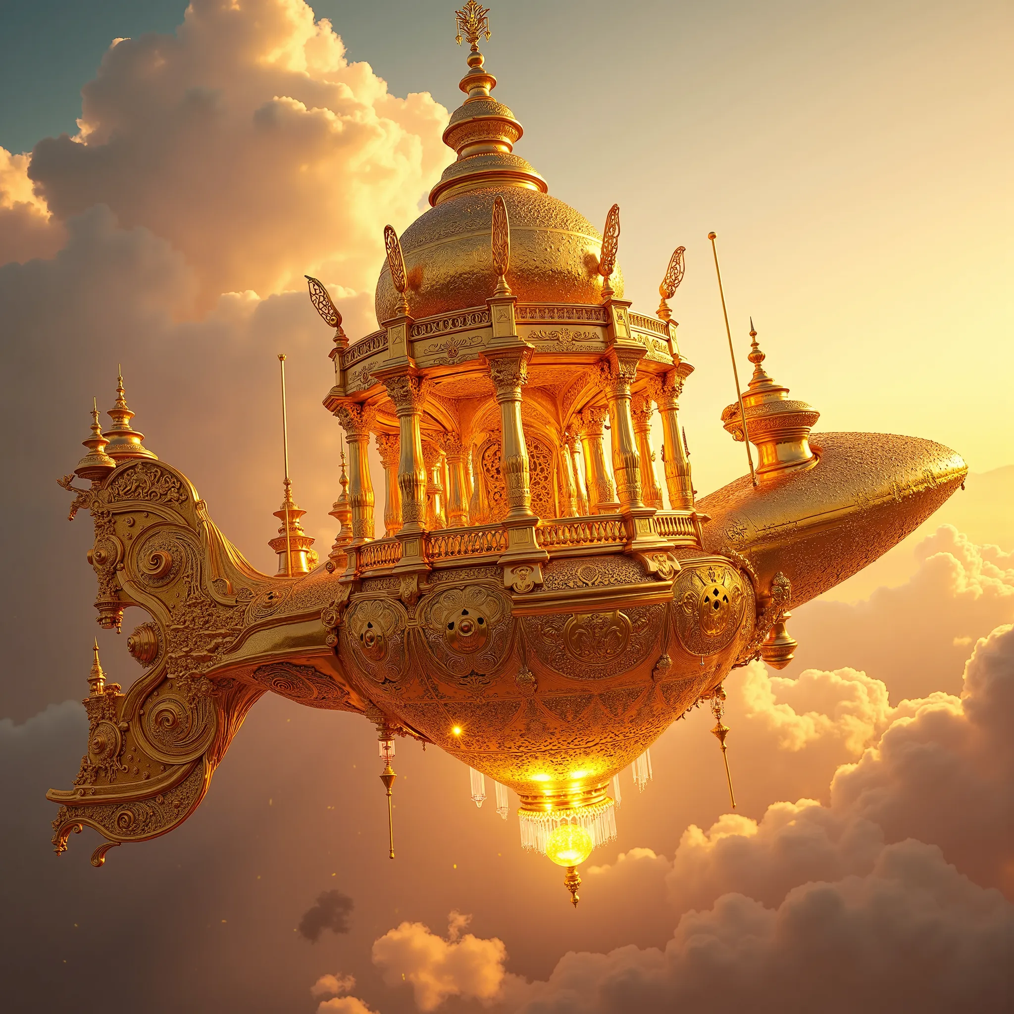 A mesmerizing low angle shot of a Hyper realistic image of Hrithik Roshan as Raavan, Human like fair skin. 
Scene: Raavan on his pushpak vimaan flying in clouds. "A hyper-realistic depiction of Pushpak Vimaan, the legendary flying chariot from Hindu mythol...