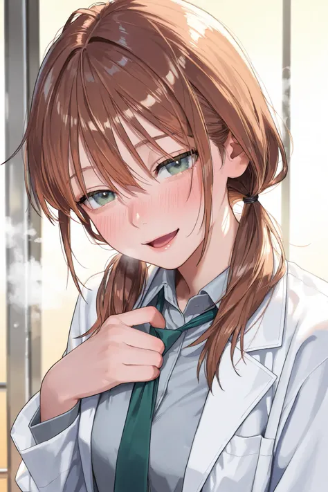  {{{masterpiece}}}, {{{best quality}}}, {{ultra-detailed}}, {illustration}, {{an extremely delicate and beautiful}}brown hair, hair between eyes, grey eyes, blue eyes, green eyes, shiny hair,, low twintails　bangs, , miyano shiho　middle　breast　intricate det...