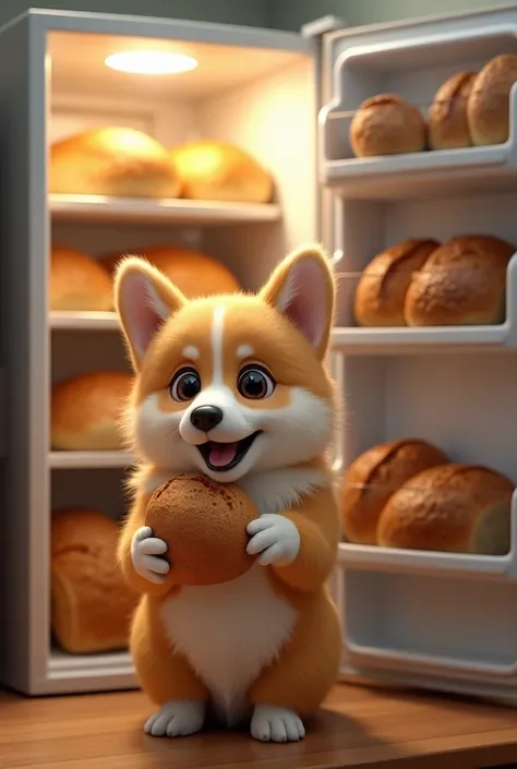 Show me a cute corgi dog thats taking bread out sourdough bread out a fridge filled with sourdough bread and make it look cute and dont make it look too ai generated make it look realistic