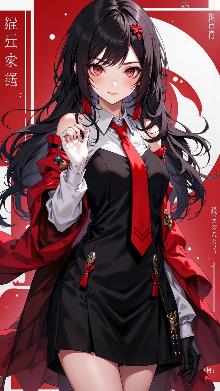 With Cute and Pure Attitude，Wearing a Black Dress，With Detailed White Collar，Full Lips and Smile，Described as Attractive， Black Long Hair， Red Eye，sleeveless， Slim Body ，Long Red Tie，Red Black Gloves，black skirt，Ultra High Resolution。