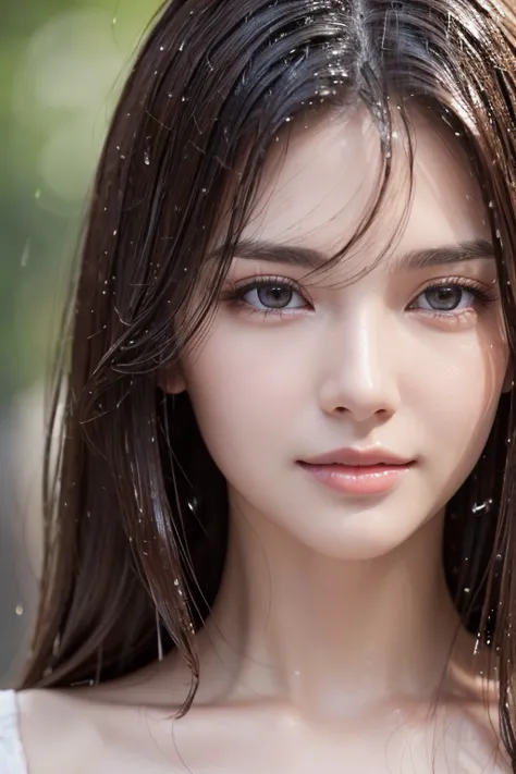 ( top quality, 4K,  Masterpiece   :1.3),  Pretty Woman,  1 girl ,  sexy :1.1,   lots of dark brown hair: 1.1, ( rain falling wet ,  wet in the rain,  wet body :1.2),   white tank top ,  super detailed face,  detailed lips from home,  detail eyes,  double e...