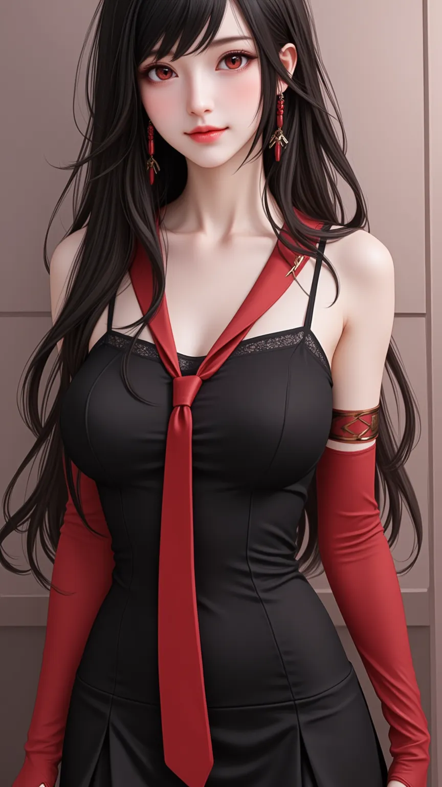 With Cute and Pure Attitude，Wearing a Black Dress，With Detailed White Collar，Full Lips and Smile，Described as Attractive， Black Long Hair， Red Eye，sleeveless， Slim Body ，Long Red Tie，Red Black Gloves，black skirt，Ultra High Resolution。