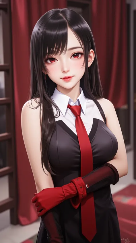 With Cute and Pure Attitude，Wearing a Black Dress，With Detailed White Collar，Full Lips and Smile，Described as Attractive， Black Long Hair， Red Eye，sleeveless， Slim Body ，Long Red Tie，Red Black Gloves，black skirt，Ultra High Resolution。