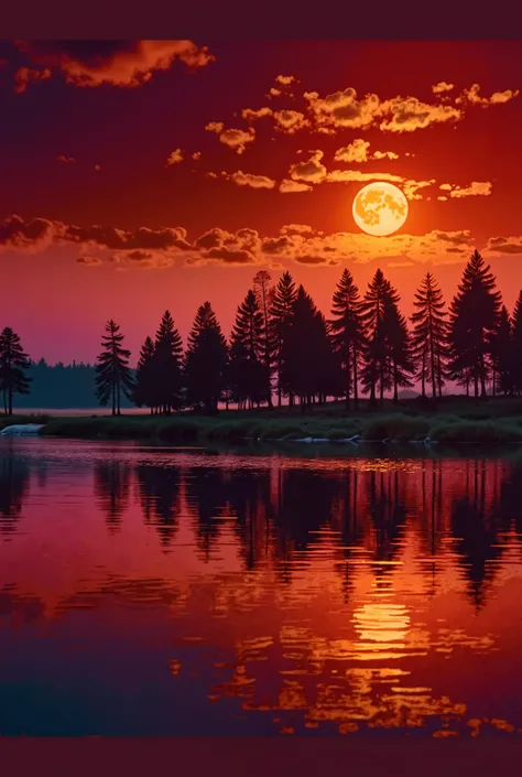 A stunning sunset scene with a full moon rising above a forest of tall pine trees, casting a warm, orange glow across the sky and reflecting beautifully on the calm water below.