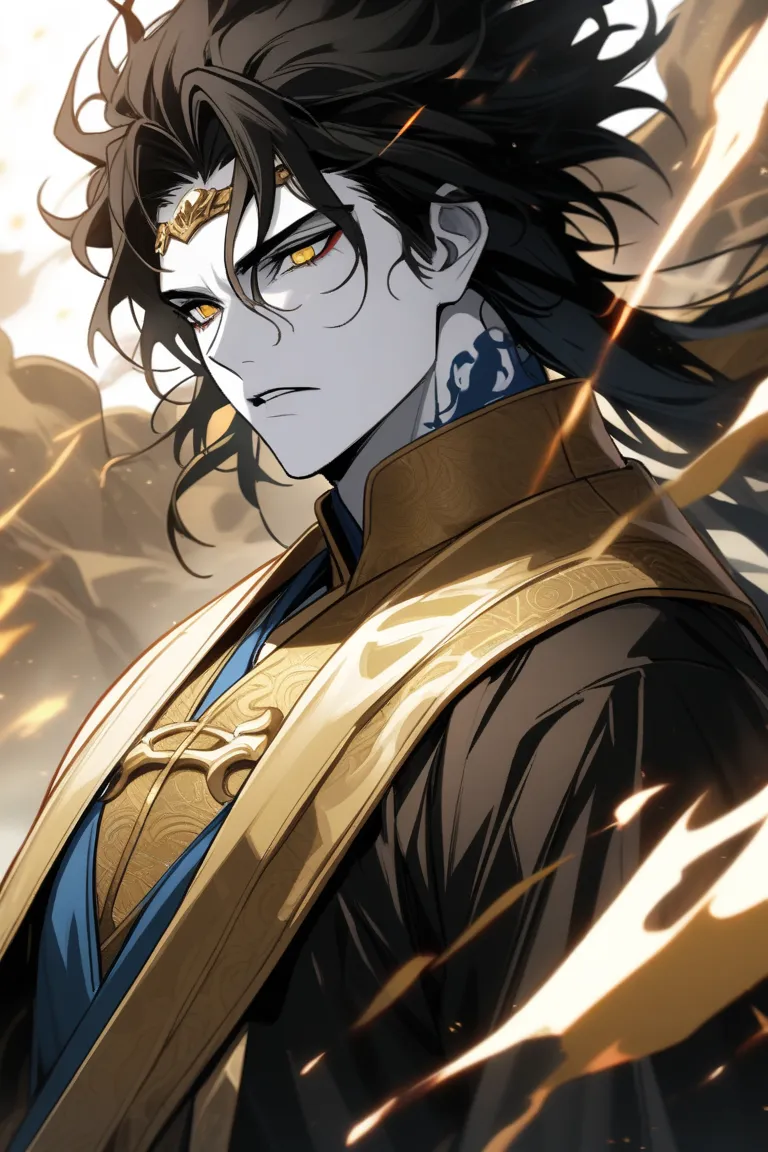 Demigod , high, strong,  extremely white skin ,  golden eyes, black hair, Wear noble Chinese robes.