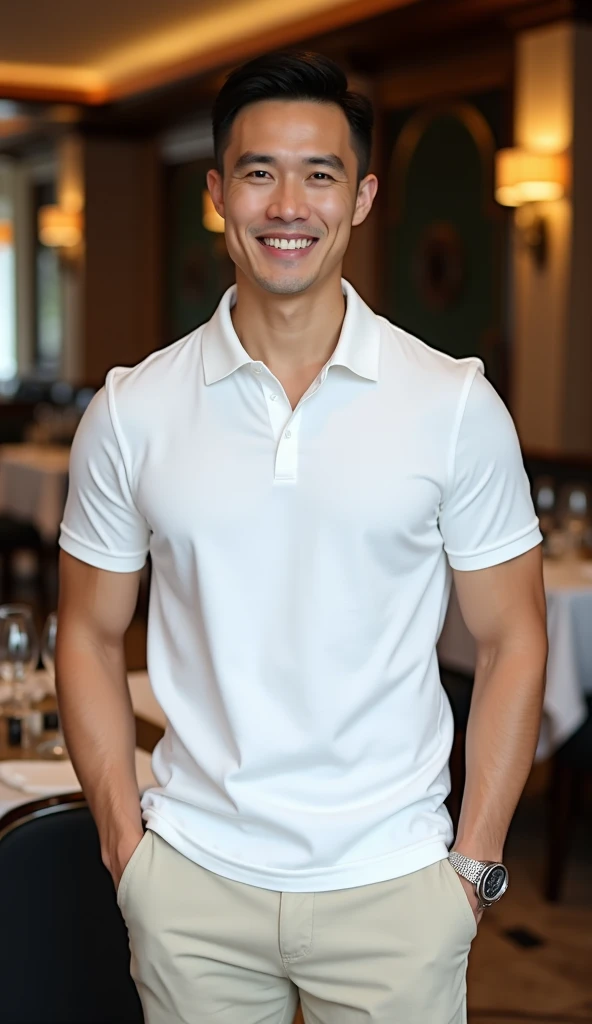 The image depicts a 30-year-old handsome Vietnamese man with a fit, muscular body and strong arms, standing 1.85m tall. He has a happy, self-confident expression. The man is dressed in fashionable casual attire, wearing a white polo shirt with an aeronauti...