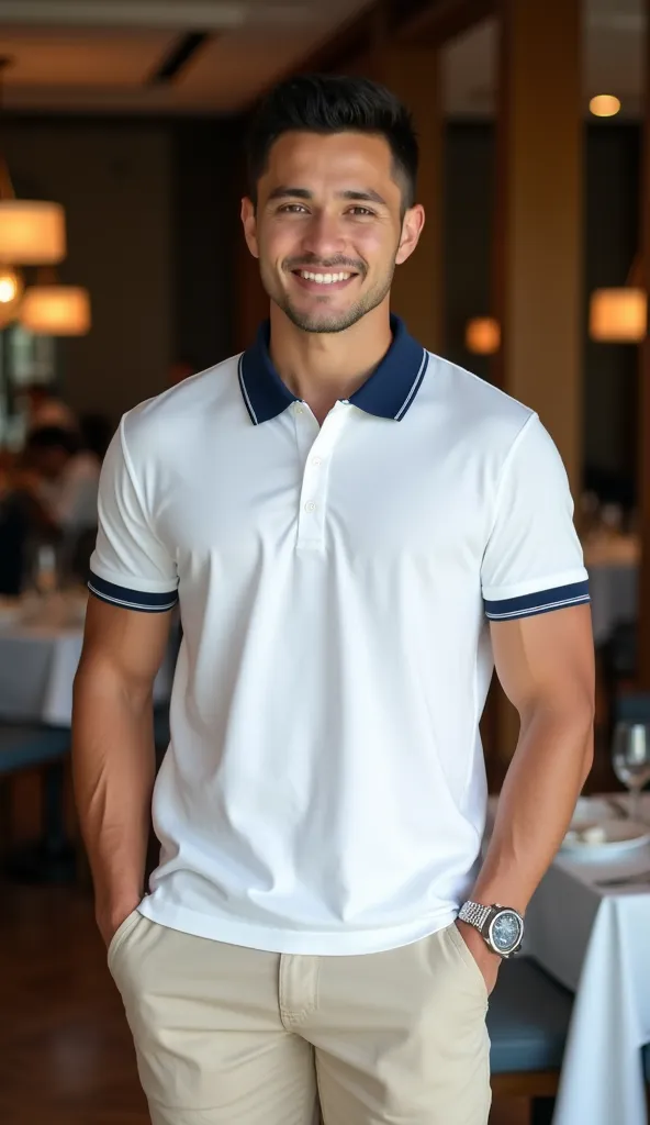 The image depicts a 30-year-old handsome Vietnamese man with a fit, muscular body and strong arms, standing 1.85m tall. He has a happy, self-confident expression. The man is dressed in a stylish white polo shirt with a navy blue collar and matching navy bl...