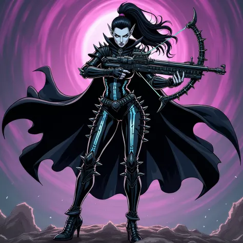 full-body illustration fierce female warrior dynamic pose, wielding a black mechanical crossbow with glowing white veins. She has pale skin, pointy ears, white eyes, and a high ponytail of thick black hair. She wears a spiked black armored bodysuit, high-h...