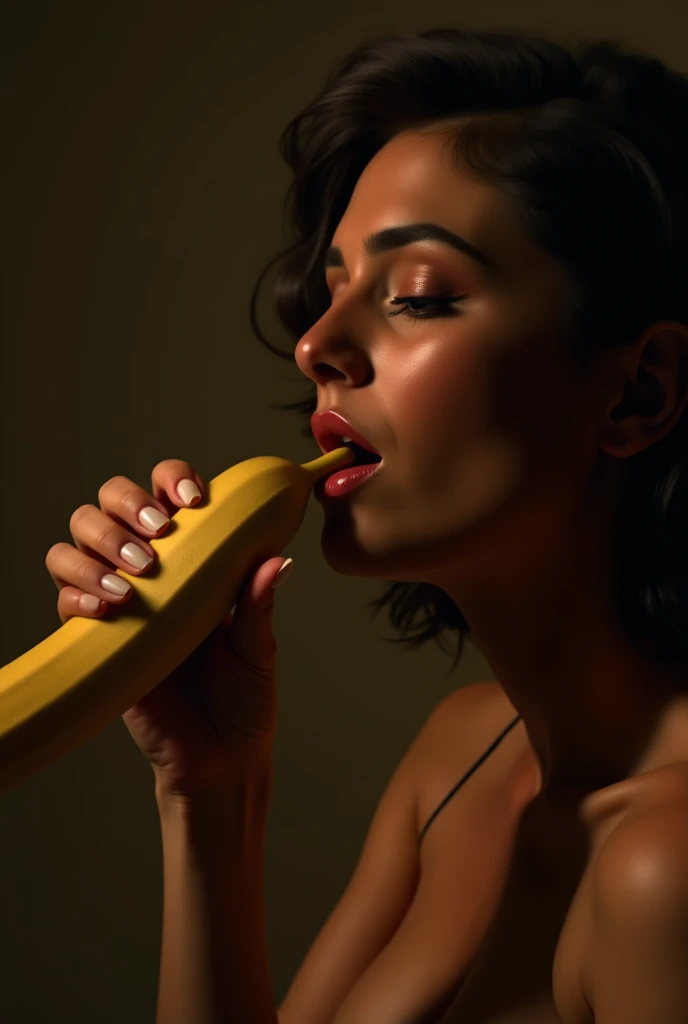 Woman model passionately sucking on a banana sexually