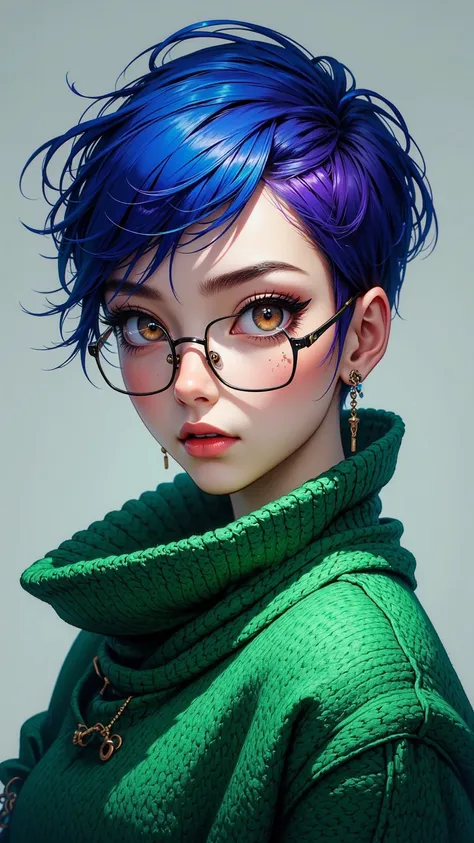 A high-quality ultra-detailed portrait of a girl，Blue and purple hairstyles Short hair cut，brown eyes，Wearing a green sweater and glasses，Independently focused on the face and upper body，Fashion avant-garde clothing combination，High-definition resolution。