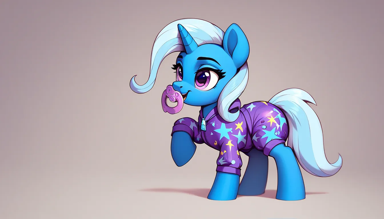 pony unicorn alone , trixie , adult mare, pale blue mane, purple eyes, purple pacifier in the mouth, stands on four hooves, hind hooves are widely spaced, pale blue tail, dressed in purple onesie and a thick pink diaper, solo,  simple background .