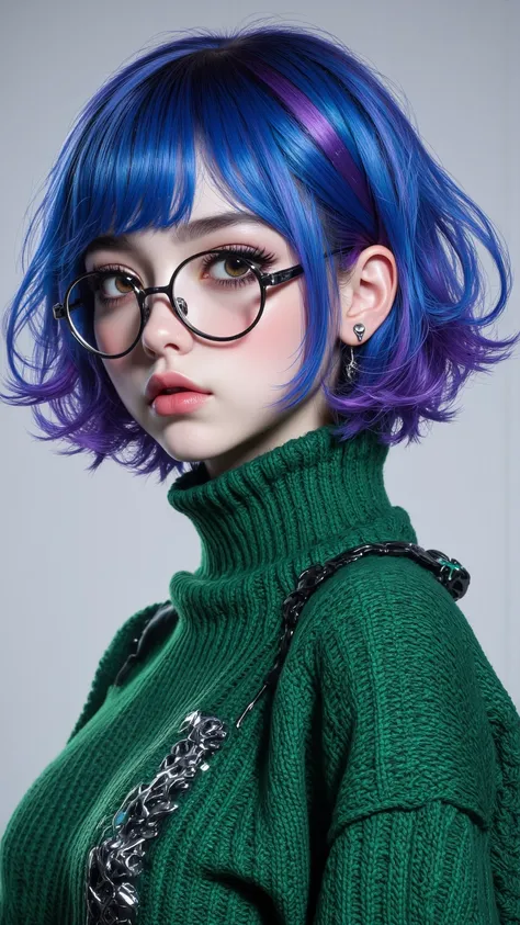 A high-quality ultra-detailed portrait of a girl，Blue and purple hairstyles Short hair cut，brown eyes，Wearing a green sweater and glasses，Independently focused on the face and upper body，Fashion avant-garde clothing combination，High-definition resolution。