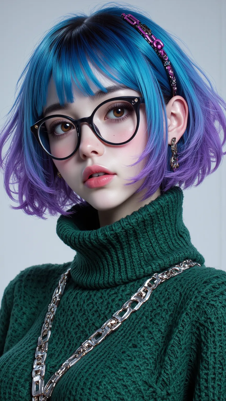 A high-quality ultra-detailed portrait of a girl，Blue and purple hairstyles Short hair cut，brown eyes，Wearing a green sweater and glasses，Independently focused on the face and upper body，Fashion avant-garde clothing combination，High-definition resolution。