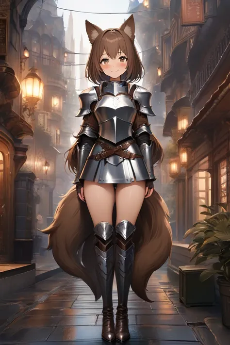 top quality,  masterpiece,   nothing , 8k, ( 1 girl ),  alone, (((fullbody shot))),   brown shorthair , Dark brown eyes, Beautiful Girl with Dog Ears, old fantasy cityscape,   droopy eyes  , (((smile))),  Plate Armor ,  LEATHER KNEE HIGH BOOTS , miniskirt,...