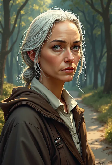 A realistic medieval fantasy portrait of female village leader. She is an old, thin white-haired woman. She wears roughspun. Picture her in a very small village that is surrounded by a forest. The colors are natural and muted, with earthy tones and subtle ...