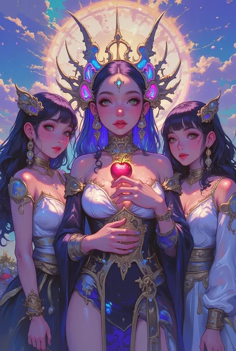  girls on the left, long black hair，Black Queen ， Accessories，Apple in hand ，Poisoned Apple，Witch Queen， red lipstick, anime, xijie _Mihuan