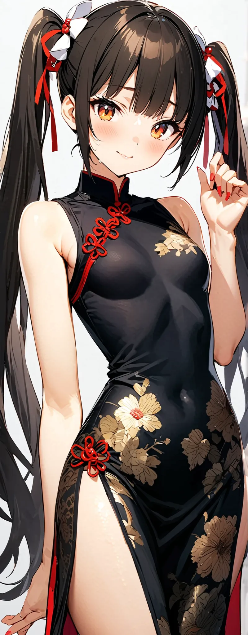 twin tails、 VERY DETAILED BLACK CHINESE DRESS , Looks like she&#39;s about 15, ( beautiful girl: 1.3),TOP QUALITY,8k, Highly Detailed CG Unit Wallpaper , masterpiece:1.2,TOP QUALITY,  super high resolution ,RAW photo,real skin texture,Cinema Lighting, emba...