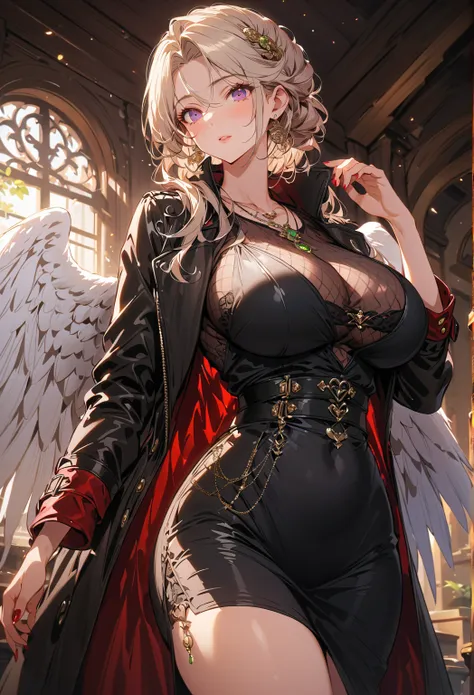 black、White、Blue and green,(best quality, Extremely detailed, high resolution, Extremely detailed的 CG),Angel,She is beautiful,Black Trench Coat, Large Breasts, Curvy beauty, (Mature woman),(Leather coat:1.2)