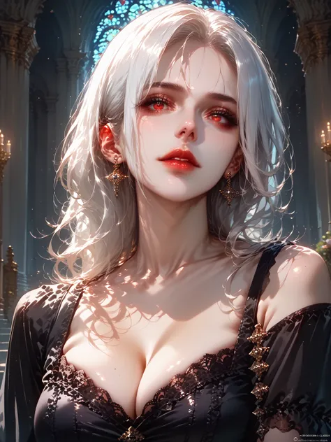 Realistic Portrait, Elegant mature woman (1 female), with red eyes, white hair, focus on face, cleavage, gothic black dress, only upper body, up to waist, soft light, high detail, 4k resolution, high quality, beautiful CG