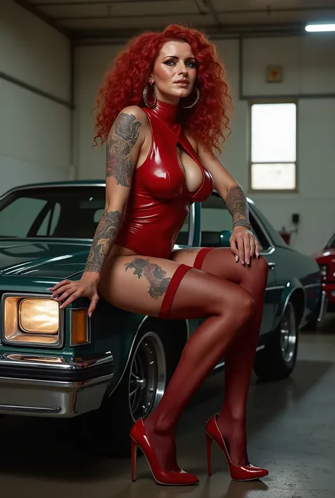 Masterpiece, real artwork, beautiful woman, curly red hair, high waisted pantyhose, sexy red latex turtleneck top, large breast, high waisted tights, stilettos, tattooed body, hoops earrings, seductive posture, garage , beautiful ass,   Seating on the car 