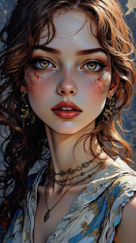 A fine and beautiful painting，depicts a young woman with charming colorful glowing eyes，Set in a cinematic atmosphere。Stunning lighting emphasis，Sharp focus and fine background，enhances the overall beauty of the image。