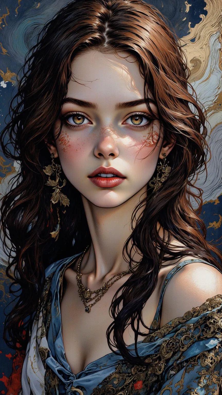 A fine and beautiful painting，depicts a young woman with charming colorful glowing eyes，Set in a cinematic atmosphere。Stunning lighting emphasis，Sharp focus and fine background，enhances the overall beauty of the image。