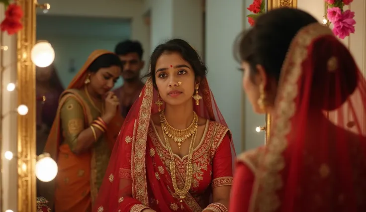 "A young Bengali woman, dressed in a gorgeous bridal outfit, sitting in front of a mirror. Her eyes reflect deep sadness and hesitation. Behind her, family members are seen preparing for a wedding ceremony with traditional decorations, flowers, and lights....