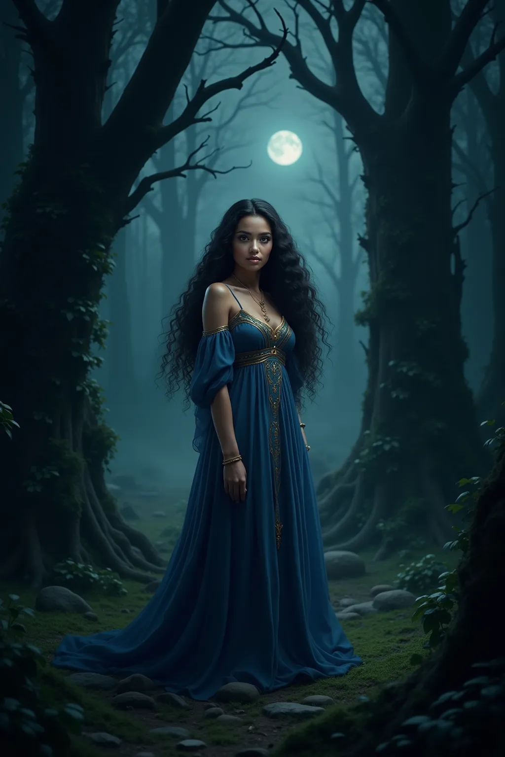 elf,  black,  long curly hair , blue and gold dress,  brown eyes,  in the dark forest at night  