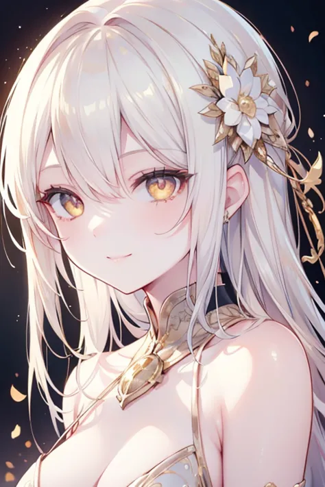 1girl,moyou,forehead,white hair,long hair, smile , gold eyes,(masterpiece: 1.2), Best Quality, High resolution, Unity 8k Wallpaper, (Illustrations: 0.8), (Beautiful gold eye details: 1.6), Perfect Lighting, Highly detailed CG,