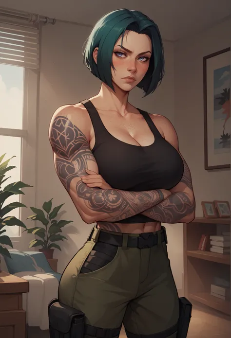 1girl,bare head,black tanktop,dark green cargo pants,belt, standing,  Bob Cut, living room,
score_9, score_8_up, score_7_up,  source_anime,
,ela \(Rainbow Six Siege,score_9, score_8_up, score_7_up, score_6_up, score_9, score_8_up, score_7_up, score_6_up so...