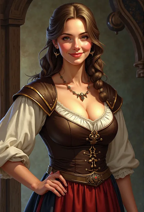 A realistic medieval fantasy portrait of innkeep. She has a big bosom. Picture her in a medieval  inn / brothel. She smiles at the customers. The colors are natural and muted, with earthy tones and subtle highlights reflecting the sunlight. The thick ink l...