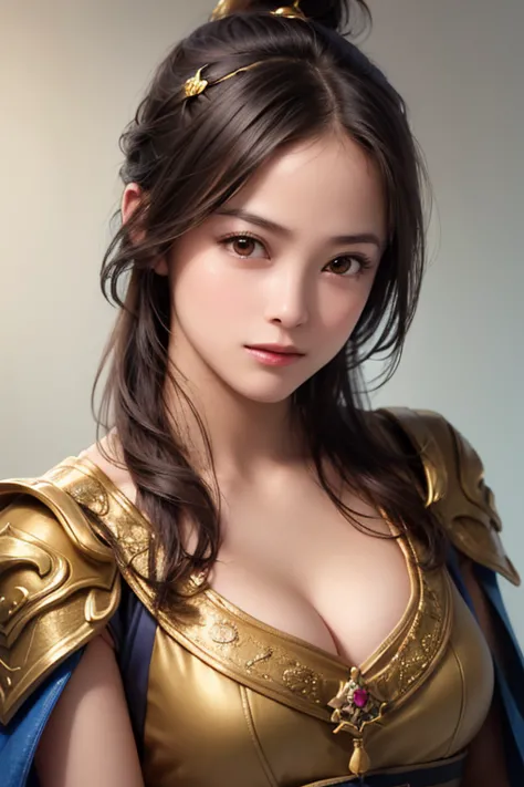 close-up of a woman wearing armor and a golden cape up to the waist , 1 person,  cute ponytail  ,20 years old, (((Real Face))), slightly larger breasts and cleavage,  reveal cleavage,Scary face,  very detailed face and skin textures , staring at the camera...