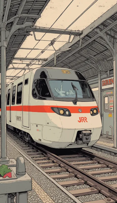 close-up of a poster depicting a train on a railroad, Fujishima Takeji's poster, Pixiv, ukiyo-e,  Japanese magazine cover,  monster, Tatsuro Kiuchi,  inside a JR SC maglev train ,   Japanese-style poster  , Doujinshi, 🚿🗝📝,  Japanese Illustrations ,  Japane...