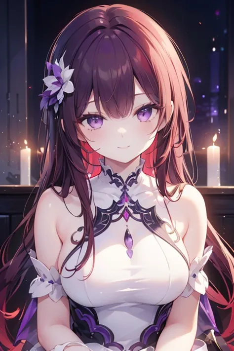 female pervert、A dark red-haired、Long、White dress、Upper body only, smile 
,(masterpiece: 1.2), Best Quality, High resolution, Unity 8k Wallpaper, (Illustrations: 0.8), (Beautiful purple red details: 1.6), Perfect Lighting, Highly detailed CG,