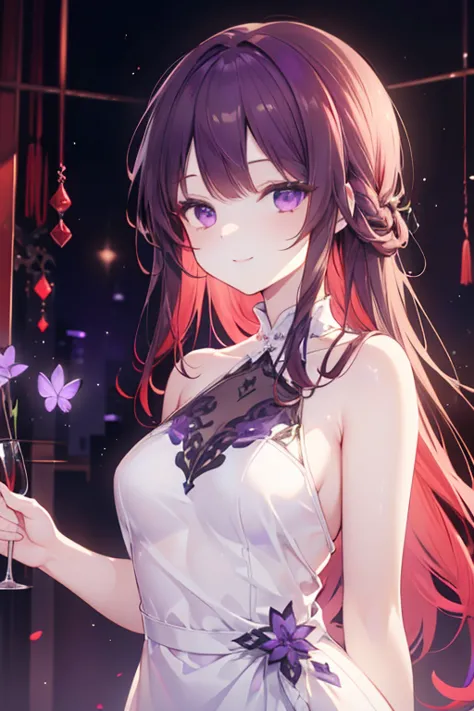 female pervert、A dark red-haired、Long、White dress、Upper body only, smile 
,(masterpiece: 1.2), Best Quality, High resolution, Unity 8k Wallpaper, (Illustrations: 0.8), (Beautiful purple red details: 1.6), Perfect Lighting, Highly detailed CG,