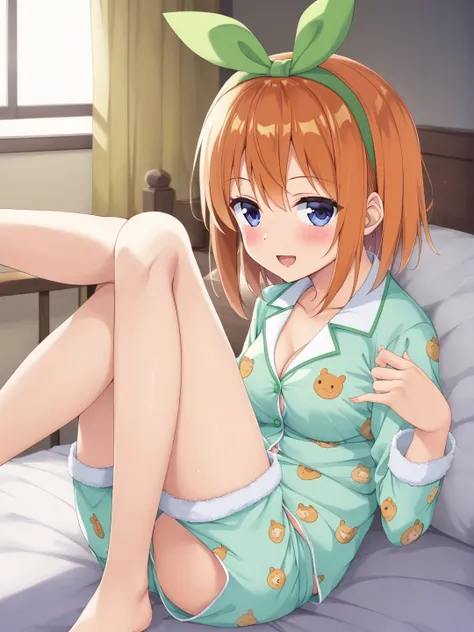 TOP QUALITY、 Masterpiece、1 girl、 The Quintessential Quintuplets、Nakano Yotsuba、 orange hair 、Bedroom at night、In pajamas