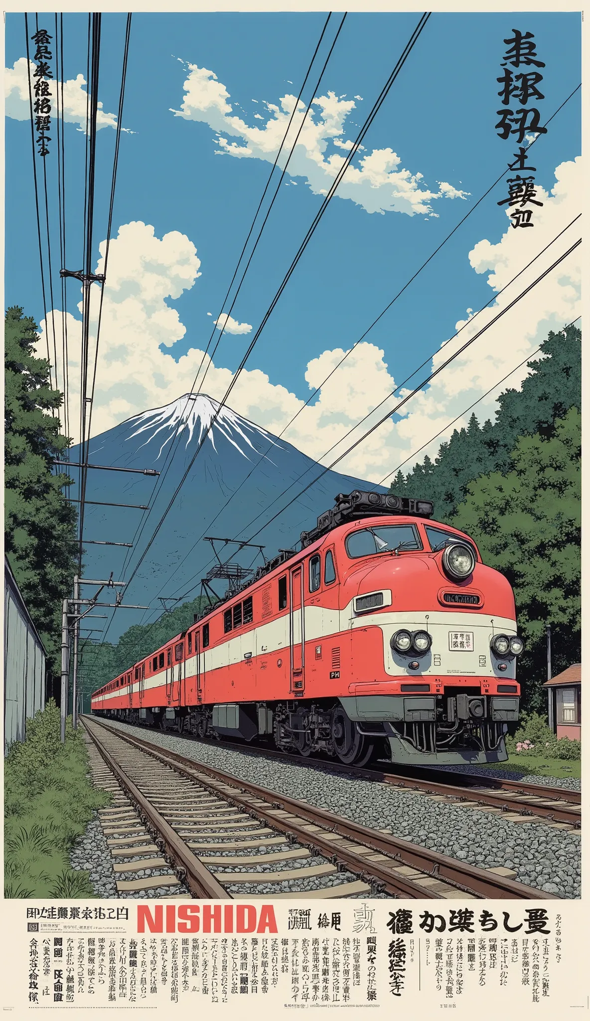 close-up of a poster depicting a train on a railroad, Nishida Haruei poster  , Pixiv, creation, 🚿🗝📝,  Japan Posters,   Japan Travel & Tourism  ,  monster, vibrant tourism poster ,  Japan Travel and Adventures  ,   Japanese-style poster  , Japan Tourism