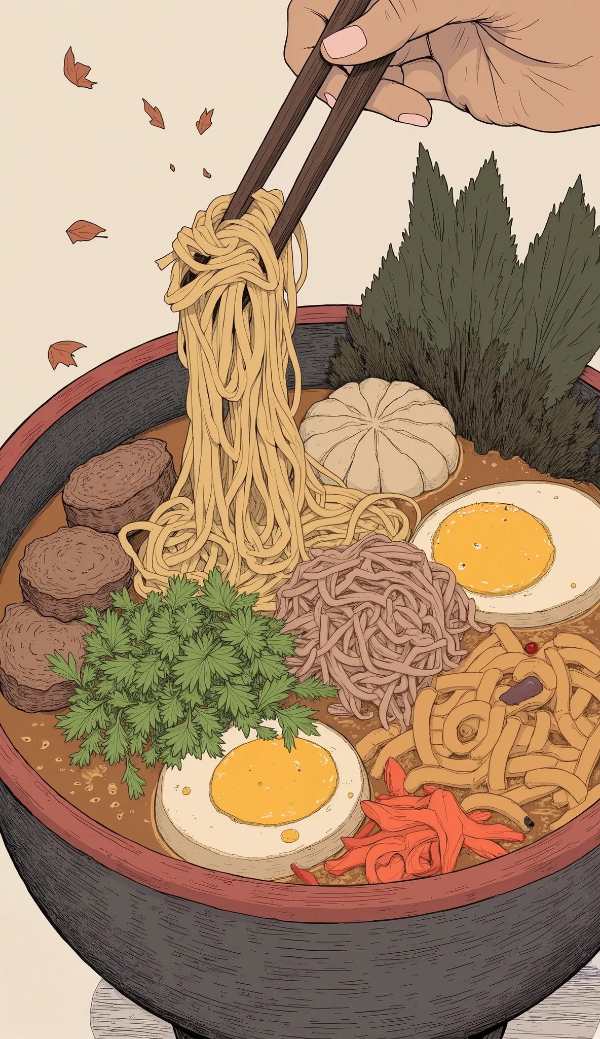 Illustration of a food bowl with chopsticks and eggs, amazing food illustration,  inspired by Yoshida Hanbei, Ramen,  Portrait of , 🪔 🎨;🌞🌄,  inspired by Tensho in the fall,  bowl full of food ,  , eating Ramen