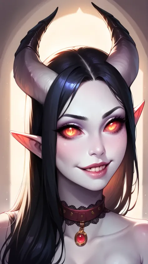 ( bedroom)  tiefling,  posing,  looks towards , evil, teeth,  smile,  realistic natural light , big , long black hair,  beautiful detailed lips , long lashes , good anatomy,  white skin, pale shiny sclera , seductive look,  shiny accents , spider eyes ,  b...