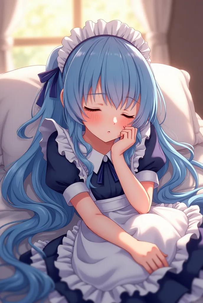 Long-haired, blue-haired, golden-eyed girl sleeping on the bed, Anime,Maid outfit