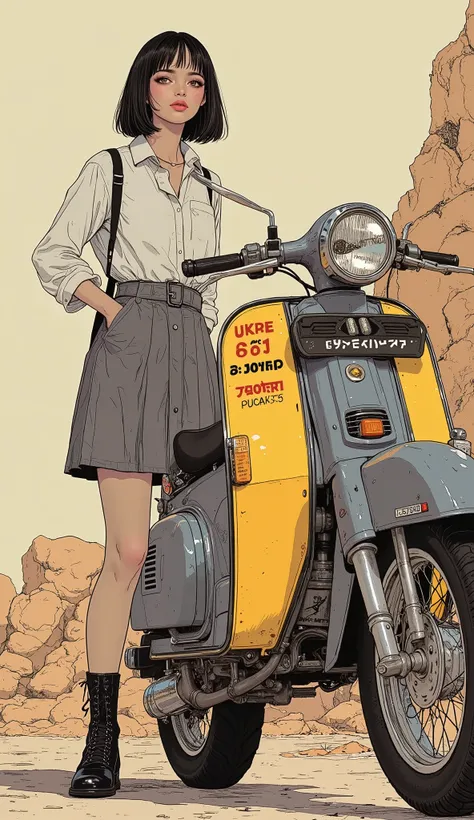 a close up of a motorcycle with a japanese text on it, anime vintage color,  sixties animated art , akira's motorcycle, motorcycle, Japanese anime style, Moped, classic cult comic style,  retro art style, bright style illustration,  vintage poster style , ...