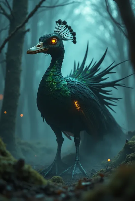 Create a terrifying hybrid creature that seamlessly merges the features of a peacock and a duck into a monstrous, otherworldly entity. This being should have the body structure of a duck but covered in iridescent, razor-sharp peacock feathers that shimmer ...