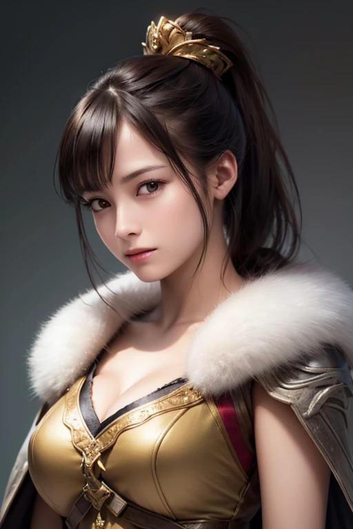 close-up of a woman wearing armor and a golden cape up to the waist , 1 person,  cute ponytail  ,20 years old, (((Real Face))), slightly larger breasts and cleavage,  reveal cleavage,Scary face,  very detailed face and skin textures , staring at the camera...