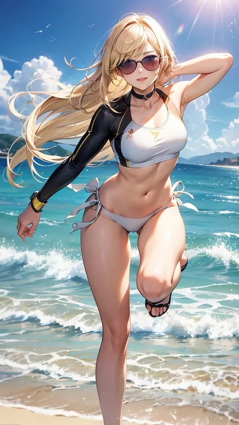 1girl, solo, bangs, long blonde hair, parted lips, medium breast, gold eyes, long hair, smile, solo, dynamic beach, wearing a sporty swimsuit such as a rash guard and bikini bottoms. Her look includes practical, sporty accessories like mirrored sunglasses....