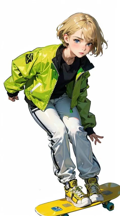 One girl, alone, White Background,   Emma Watson, masterpiece, Very detailed, blue eyes, Blonde Hair, short hair, Fluorescent green jacket, Rubber Gloss, White rubber skin suit, Yellow skateboard shoes,  White pants, blush, Skateboarding Stadium