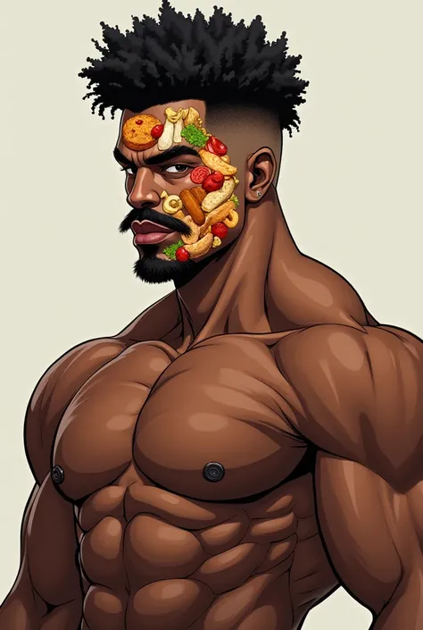 A sexy very cut gym black Afro  guy with low hair cut, chiseled jawline with a pointed nose in an anime form.. his face should be dumbbell and food 